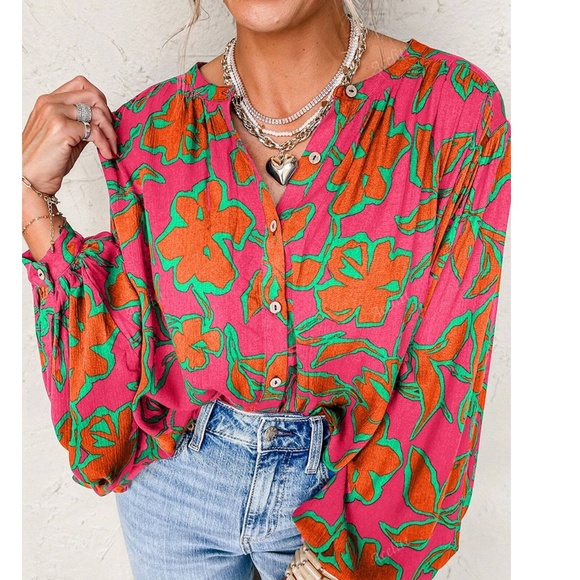 Boho Floral Print Vibrant Button Down Oversized Long sleeve Top - Picture 2 of 3